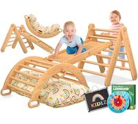 Kidiz® Ensemble de jeu Montessori 7en1 avec structure d'escalade, arc à grimper, toboggan, triangle d'escalade en bois incluant coussins, tableau et horloge d'apprentissage | Aire de jeux d'intérieur