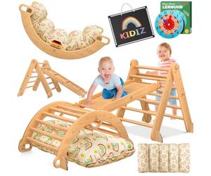 Kidiz® Ensemble de jeu Montessori 7en1 avec structure d'escalade, arc à grimper, toboggan, triangle d'escalade en bois incluant coussins, tableau et horloge d'apprentissage | Aire de jeux d'intérieur