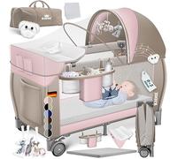 KIDIZ® | Lit de voyage 3 en 1 | Set de lit pour bébé avec matelas à langer combiné | Avec moustiquaire | Parc pour bébé de la naissance à 15 kg, pliable, rosé/beige