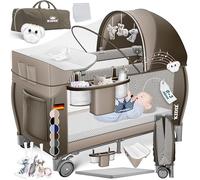Kidiz Lit de voyage pliable avec matelas et roues 120 x 60, entrée latérale, matelas à langer, moustiquaire et sac de transport pour bébé dès la naissance jusqu'à 15 kg, marron