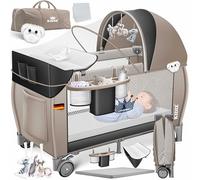 Kidiz Lit de voyage pliable pour bébé avec matelas et roues 120 x 60, entrée latérale, matelas à langer, moustiquaire et sac de transport pour bébé dès la naissance jusqu'à 15 kg Noir/beige