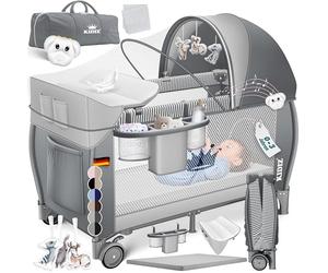 Kidiz Lit de voyage pliable pour bébé avec matelas et roues 120 x 60, entrée latérale, matelas à langer, moustiquaire et sac de transport Lit d'appoint pour bébé dès la naissance jusqu'à 15 kg Gris