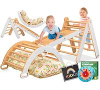 Kidiz® Montessori - Ensemble de jeu 7 en 1 avec arc, toboggan d'escalade, triangle en bois, avec coussin, tableau et horloge d'apprentissage, parc de jeux d'intérieur pour enfants à partir de 1 an