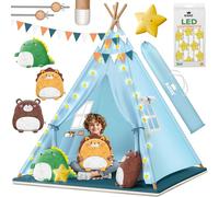 KIDIZ® Tente de jeu pour enfant 100 x 100 x 160 cm en coton avec guirlande LED, étoiles lumineuses, guirlande de drapeaux, 3 animaux en peluche, tapis et sac de transport