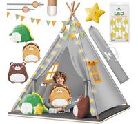 KIDIZ® Tente de jeu pour enfants - 100 x 100 x 160 cm - En coton - Guirlande lumineuse LED, étoiles, drapeaux, 3 animaux en peluche, tapis et sac de transport