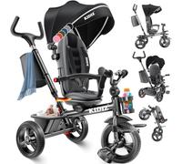 KIDIZ® Tricycle 5 en 1 pour enfant avec barre de poussée, système de direction à partir de 1 an, jogger avant et arrière, panier, sac porte-gobelet, toit pare-soleil, roues en caoutchouc, buggy, vélo