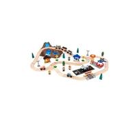 KidKraft Bucket Top Ensemble Train en Bois Mountain avec Boîte de Rangement Plastique, Circuit de Train avec Voitures de Pompiers et de Police, Avion Jouet Enfant dès 3 Ans, 17826