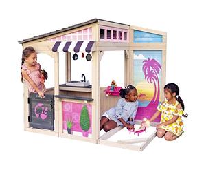 KidKraft Barbie Seaside Cabane Enfant pour l'Extérieur en Bois, Jeux d'extérieur pour Enfants avec Cuisine et Bains de Soleil pour Poupées, P280192E, Exclusivité sur Amazon