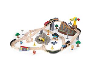 KidKraft Bucket Top Ensemble Train en Bois Construction pour Enfant avec Boîte de Rangement Plastique, Circuit de Train avec Grue et Voitures, Jouet Enfant dès 3 Ans, 17805