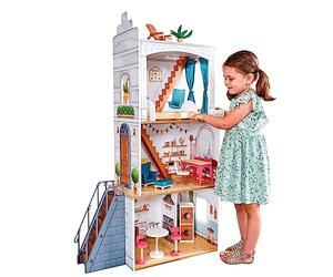 KidKraft Maison de Poupée en Bois Rowan incluant Accessoires et mobilier, Maison de Ville avec Toit terrasse et escalier extérieur pour poupées, Jouet Enfant dès 3 Ans, 10238