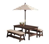 KidKraft Table et Bancs de Jardin pour Enfant avec Coussins et Parasol, Salon de Jardin extérieur en Bois pour Enfants, Rayé écru et Blanc, 00500