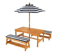 KidKraft Table et Bancs de Jardin pour Enfant avec Coussins et Parasol, Salon de Jardin extérieur en Bois pour Enfants, Rayé Bleu Marine et Blanc, 00106