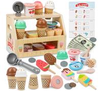 KidMigo Glacière en bois pour enfants - 36 pièces - Jouets de magasin de glace avec stand à glace en bois à partir de 3 ans - Jouets pour enfants - Accessoires de cuisine pour enfants