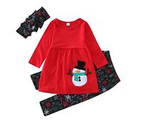 Kids Baby Toddler Girl Christmas Outfits Long Sleeve Snowman Tunic Tops Pants with Headband Xmas New Years Clothes Fashion Christmas Dress Up Costumes (Red, 1-2 Years) l1367