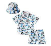 Kids Boys awaiian Clothes Set Toddler Short Sleeve Button Down Shirt and Casual Shorts with Bucket Hat 3PCS Outfits Children Casual Matching Clothing Sets (White, 5-6 Years) c68s