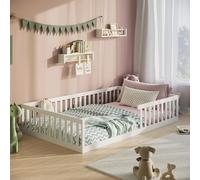 Lit au sol 140x200 cm - Lit Montessori en bois de pin - Lit enfant avec sommier et protection anti-chute - Blanc