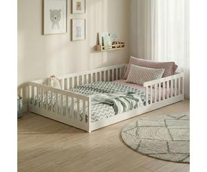 Kids Collective Lit au Sol avec barrière Anti-Chute - 140 x 200 cm - Sommier à Lattes Inclus - Lit Simple Montessori pour Enfant et Adolescent - Blanc