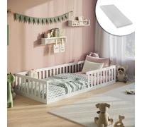 Kids Collective - Lit au Sol avec Barrière Anti-Chute - Taille 90 x 200 cm - Matelas et Sommier à Lattes Inclus - Lit Montessori pour Enfant - Blanc