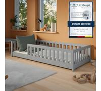 Kids Collective Lit au Sol Enfant 80x160 cm avec barrière de sécurité, Matelas et sommier à Lattes, lit Montessori, Lit Simple pour Enfants et Adolescents | Gris | de 3 à 10 Ans
