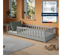 Kids Collective Lit au Sol Enfant 90x200 cm avec barrière de sécurité, Matelas et sommier à Lattes, lit Montessori, Lit Simple pour Enfants et Adolescents | Gris | de 4 à 18 Ans