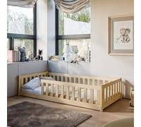 Kids Collective Lit au Sol pour Enfants 90x200 cm avec Protection Contre Les Chutes & sommier à Lattes Lit Montessori pour Enfants et Adolescent Aspect Bois Naturel garçon Fille