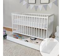 Kids Collective Lit Bébé 60x120 cm Lit à barreaux Évolutif Set Complet avec Matelas et Sommier 3 Hauteurs Tiroir, Barreaux Amovibles | Pin Massif Blanc