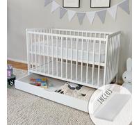 Kids Collective Lit Bébé 60x120 cm Lit à barreaux Évolutif Set Complet avec Matelas et Sommier 3 Hauteurs Tiroir, Barreaux Amovibles | Pin Massif Blanc