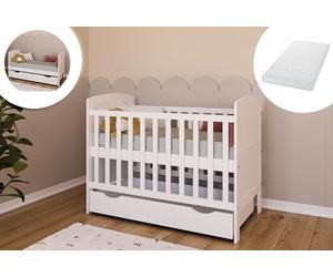 Kids Collective Lit bébé 70 x 140 cm avec matelas et tiroir - Lit à barreaux transformable en hauteur - Blanc - Fabriqué en Europe - 70 x 140 cm - De la naissance à 6 ans