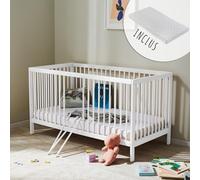 Kids Collective Lit bébé évolutif 60x120 & 70x140 cm + Matelas - Sommier 9 hauteurs, barreaux Amovibles, hêtre Massif | Naissance à 3 Ans | Blanc