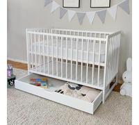 Kids Collective Lit bébé évolutif 60x120 cm - Lit à barreaux Complet avec lit d'appoint évolutif, sommier à Lattes réglable en Hauteur avec barreaux Amovibles, avec tiroir | Pin Massif | Blanc