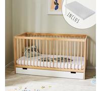 Kids Collective Lit bébé lit d'enfant lit à barreaux 60x120 réglable en Hauteur & barreaux Amovibles, avec tiroir et Matelas | Bois de hêtre Naturel très Stable Made in Europe