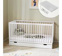 Kids Collective Lit bébé lit d'enfant lit à barreaux 70x140 réglable en Hauteur & barreaux Amovibles, avec tiroir et Matelas | Bois de hêtre Blanc très Stable Made in Europe