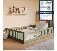 Kids Collective Lit de sol 140 x 200 cm avec protection anti-chute et sommier à lattes Montessori, Lit simple Vert olive, Autres tailles 80 x 160 cm, 90 x 200 cm, 120 x 200 cm
