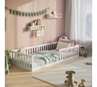 Lit au sol 90x200 cm - Lit Montessori en bois de pin - Lit enfant avec sommier et protection anti-chute - Blanc