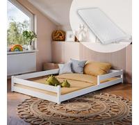 Kids Collective Lit de sol Montessori - 120 x 200 cm - Avec protection anti-chute et sommier à lattes - Lit à barreaux - Pour enfant et adolescent - Lit simple avec matelas - Blanc