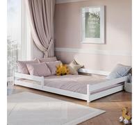 Kids Collective Lit de sol Montessori - 140 x 200 cm - Avec protection anti-chute et sommier à lattes - Lit à barreaux - Pour enfant et adolescent - Lit simple en option avec matelas - Blanc