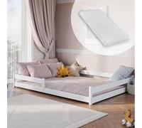 Kids Collective Lit de sol Montessori - 140 x 200 cm - Avec protection anti-chute et sommier à lattes - Lit à barreaux - Pour enfant et adolescent - Simple - Avec matelas - Blanc