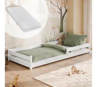 Kids Collective Lit de sol Montessori - 80 x 160 cm - Avec protection anti-chute et sommier à lattes - Lit à barreaux - Lit simple avec matelas - Blanc - De 3 à 10 ans