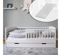 Lit enfant 70x140 cm - Avec matelas sommier et tiroir - Lit enfant évolutif - Barrière de lit amovible - Bois de pin - Blanc