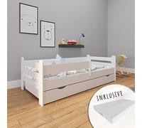 Kids Collective Lit d'enfant 160x80 entièrement en Bois avec Matelas, Protection Contre Les Chutes, tiroir & sommier à Lattes en Blanc 80 x 160 Filles Garçons Lit Skandi