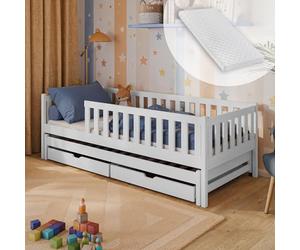 Kids Collective Lit d'enfant avec lit gigogne Deux tiroirs Protection anti-chute Sommier et matelas Lit pour enfant | Autres tailles : 80x160, 90x190, 90x200 cm | 80x180 cm : de 3 à 12 ans Blanc