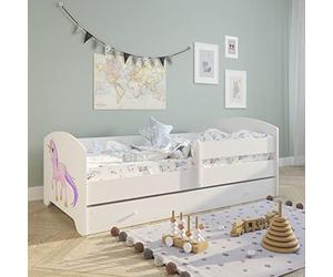 Kids Collective Lit Enfant 70x140 / 80x160 cm, Ensemble Complet avec Matelas, sommier, tiroir et barrière de sécurité | Lit Simple pour Enfants de 2 à 10 Ans | 80x160 cm | Blanc avec Motif au Choix