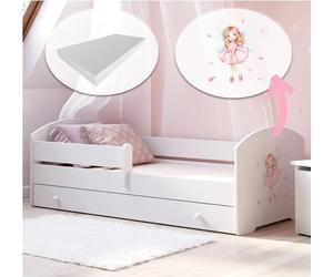 Kids Collective Lit Enfant 70x140 / 80x160 cm, Ensemble Complet avec Matelas, sommier, tiroir et barrière de sécurité | Lit Simple pour Enfants de 2 à 10 Ans | 70x140 cm | Blanc avec Motif au Choix