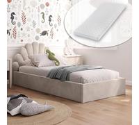 Kids Collective Lit Enfant 90x200 cm avec Matelas et Rangement | Lit Simple sommier à Lattes | Coffre à vérins à gaz, tête de lit en Forme de Coquillage | De 4 à 18 Ans | Velours Beige