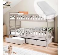 Kids Collective Lit mezzanine, 90 x 200 cm, avec 2 matelas et tiroirs, sommier à lattes, protection anti-chute, transformable en 2 lits simples, en bois massif en cachemire, lit fonctionnel, de 4 à 18