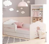 Kids Collective Lit pour Enfant 70x140 cm avec Matelas et tiroir, sommier à Lattes et Protection Anti-Chute Lit Complet en Blanc avec Motif Princesse
