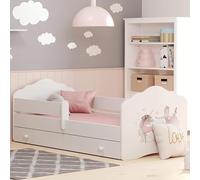 Kids Collective Lit pour Enfant 70x140 cm avec Matelas et tiroir, sommier à Lattes et Protection Anti-Chute Lit pour Enfant Lit Simple Blanc avec Motif Cheval