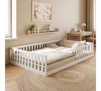 Kids Collective Lit pour Enfant au Sol 120x200 cm avec Barrière de Sécurité et Sommier à Lattes - Design Montessori, Lit Simple pour Enfants | Blanc | Autres Dimensions 90x200 et 140x200 cm