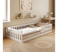 Kids Collective Lit pour Enfant au Sol 90x200 cm avec Barrière de Sécurité et Sommier à Lattes - Design Montessori, Lit Simple pour Enfants | Blanc | Autres Dimensions 120x200 et 140x200 cm