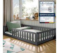 Kids Collective Lit pour Enfants au Sol 120x200 cm avec barrière de sécurité et sommier à Lattes, lit Montessori pour Enfants et Adolescents, Simple | Graphite
